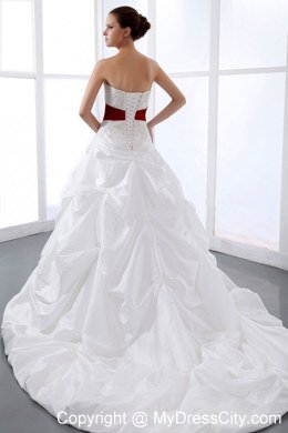 Sweetheart Appliques and Pick-ups Chapel Train Wedding Dress with Red Sash