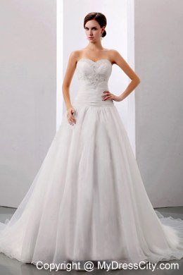 Appliques and Ruche Sweetheart Bridal Dresses with Chapel Train