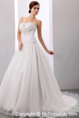 Appliques and Ruche Sweetheart Bridal Dresses with Chapel Train