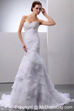 Mermaid Beading Appliques and Ruffled Layers Court Train Wedding Dresses