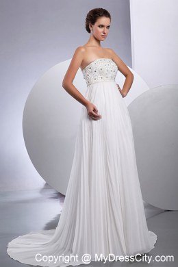 Beading Empire Strapless Pleating Court Train Chiffon Bridal Gown