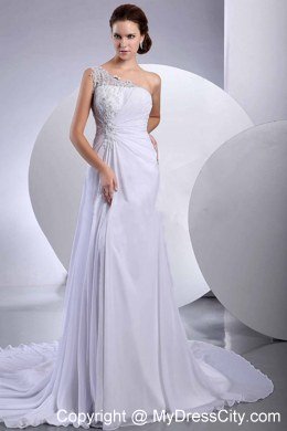 Appliques One Shoulder Chiffon Empire Wedding Bridal Dresses with Court Train