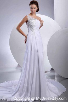 Appliques One Shoulder Chiffon Empire Wedding Bridal Dresses with Court Train