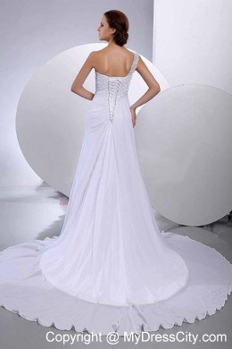 Appliques One Shoulder Chiffon Empire Wedding Bridal Dresses with Court Train