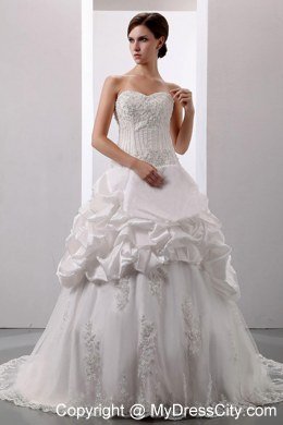 Beading Lace Flowers and Pick-ups Sweetheart Court Train Bridal Dress