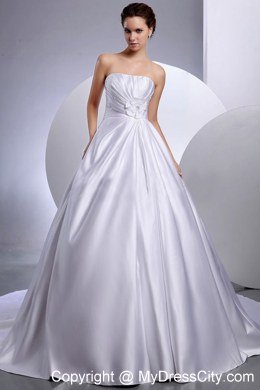 Beaded Hand Made Flowers Ruching Chapel Train Puffy Wedding Dresses