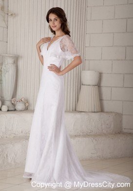 Spaghetti Straps V-neck Button Down Back Wedding Gowns with Lace Wraps