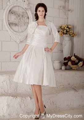 Ruching Knee-length Wedding Dress with Hand Made Flower Jacket