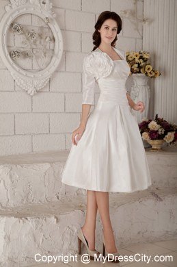 Ruching Knee-length Wedding Dress with Hand Made Flower Jacket