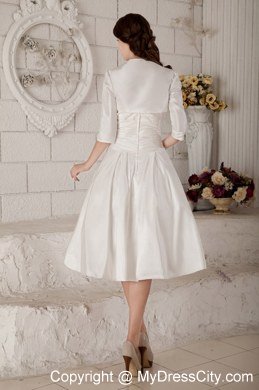 Ruching Knee-length Wedding Dress with Hand Made Flower Jacket