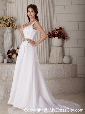 Luxurious Princess Scoop Court Train Bridal Gowns with Beading Sash