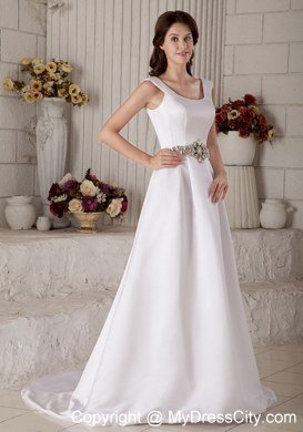 Luxurious Princess Scoop Court Train Bridal Gowns with Beading Sash