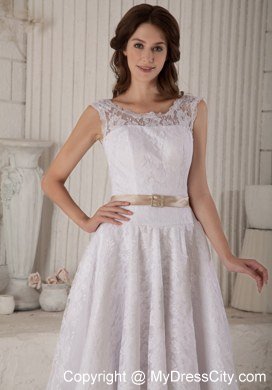 Princess Lace Scoop Tea-length Clasp Handle Back Bridal Dresses with Satin Belt