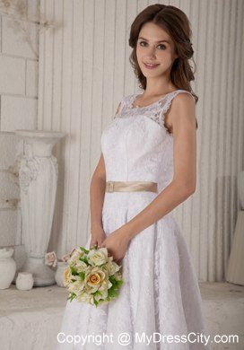 Princess Lace Scoop Tea-length Clasp Handle Back Bridal Dresses with Satin Belt