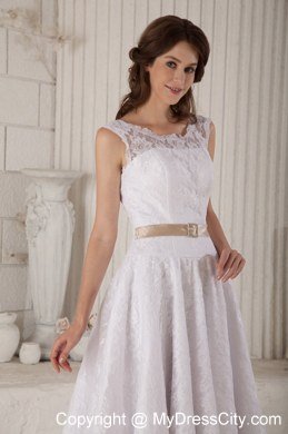 Princess Lace Scoop Tea-length Clasp Handle Back Bridal Dresses with Satin Belt