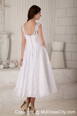 Princess Lace Scoop Tea-length Clasp Handle Back Bridal Dresses with Satin Belt