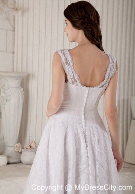 Princess Lace Scoop Tea-length Clasp Handle Back Bridal Dresses with Satin Belt