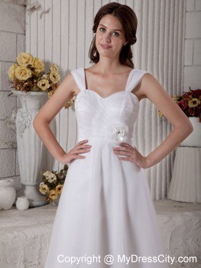 Straps Sweep Train Hand Made Flower Bowknot Wedding Dress with Button Down Back