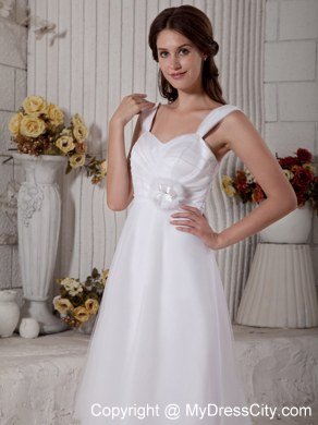 Straps Sweep Train Hand Made Flower Bowknot Wedding Dress with Button Down Back