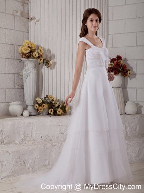 Straps Sweep Train Hand Made Flower Bowknot Wedding Dress with Button Down Back