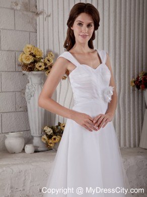 Straps Sweep Train Hand Made Flower Bowknot Wedding Dress with Button Down Back