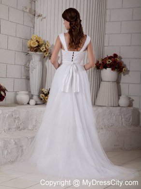 Straps Sweep Train Hand Made Flower Bowknot Wedding Dress with Button Down Back