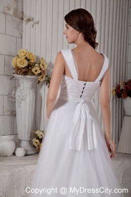 Straps Sweep Train Hand Made Flower Bowknot Wedding Dress with Button Down Back