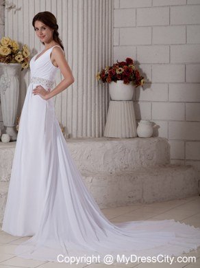 Button Down Back V-neck Chiffon Ruche and Beading Court Train Bridal Dress