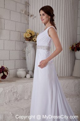 Button Down Back V-neck Chiffon Ruche and Beading Court Train Bridal Dress