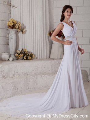 Button Down Back V-neck Chiffon Ruche and Beading Court Train Bridal Dress