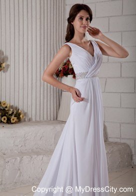 Button Down Back V-neck Chiffon Ruche and Beading Court Train Bridal Dress