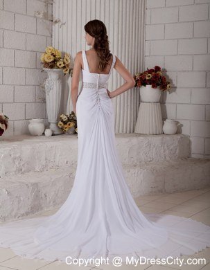 Button Down Back V-neck Chiffon Ruche and Beading Court Train Bridal Dress