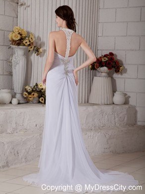 Beading Halter Top Ruching Wedding Dress with The Back Covered