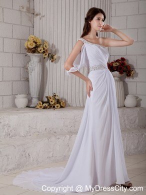 Cool One Shoulder Court Train Beading Wedding Gown with Sash