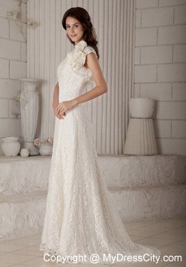 Lace Flowers Column Brush Train Wedding Gowns with Unique Jacket