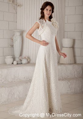 Lace Flowers Column Brush Train Wedding Gowns with Unique Jacket