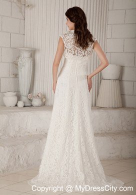 Lace Flowers Column Brush Train Wedding Gowns with Unique Jacket