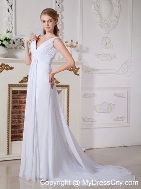 Ruching V-neck Watteau Train Chiffon Back Out Bridal Gowns