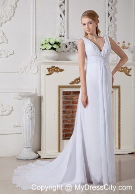 Ruching V-neck Watteau Train Chiffon Back Out Bridal Gowns