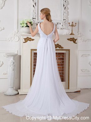 Ruching V-neck Watteau Train Chiffon Back Out Bridal Gowns