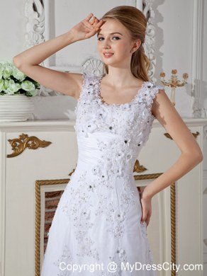 Scoop Beading Lace Flowers A-line Wedding Dresses with Back Out