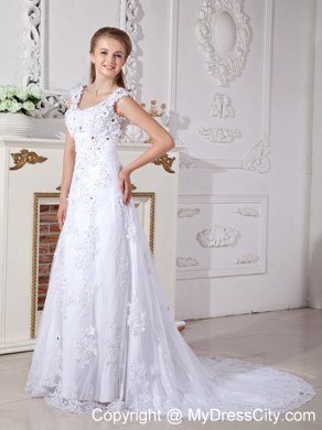 Scoop Beading Lace Flowers A-line Wedding Dresses with Back Out