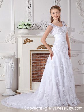 Scoop Beading Lace Flowers A-line Wedding Dresses with Back Out