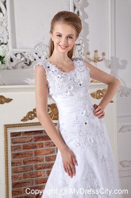 Scoop Beading Lace Flowers A-line Wedding Dresses with Back Out