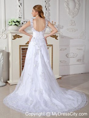 Scoop Beading Lace Flowers A-line Wedding Dresses with Back Out