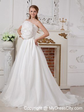 A-line Strapless Big Hand Made Flower Ruching Wedding Dress