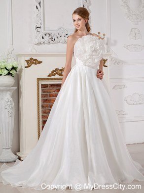 A-line Strapless Big Hand Made Flower Ruching Wedding Dress