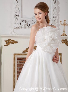 A-line Strapless Big Hand Made Flower Ruching Wedding Dress