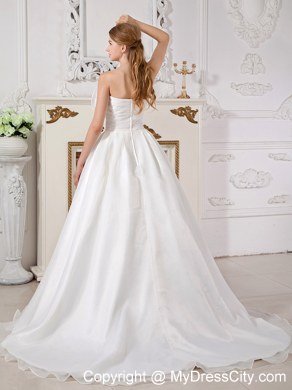 A-line Strapless Big Hand Made Flower Ruching Wedding Dress