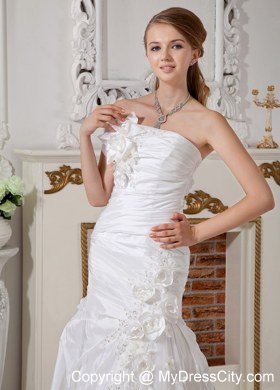 Ruche Beading and Hand Made Flowers Decorated Court Train Bridal Dress